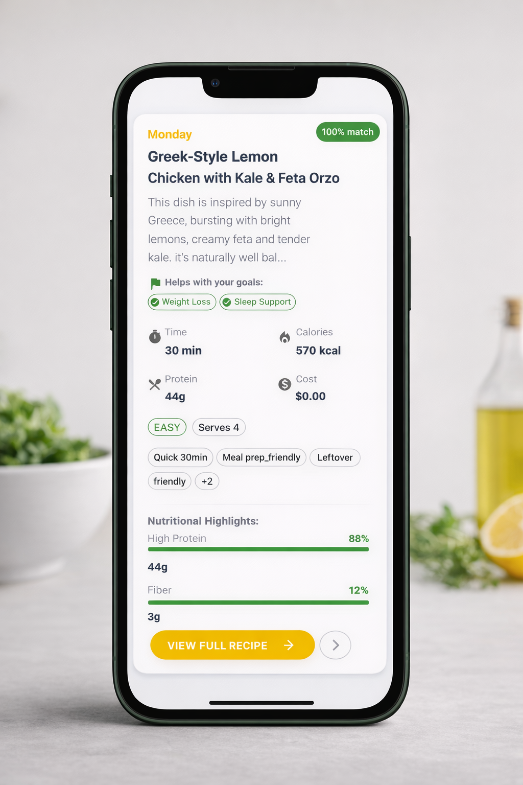 Recipe card with nutritional information